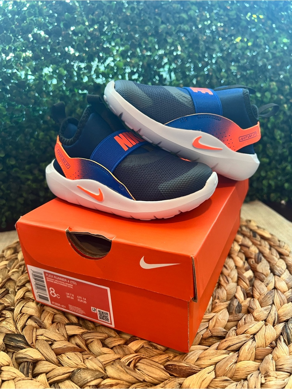 New In Box Nike Flex Runner 4 Slip on Running Shoes | Toddler | Blue Orange | 8c